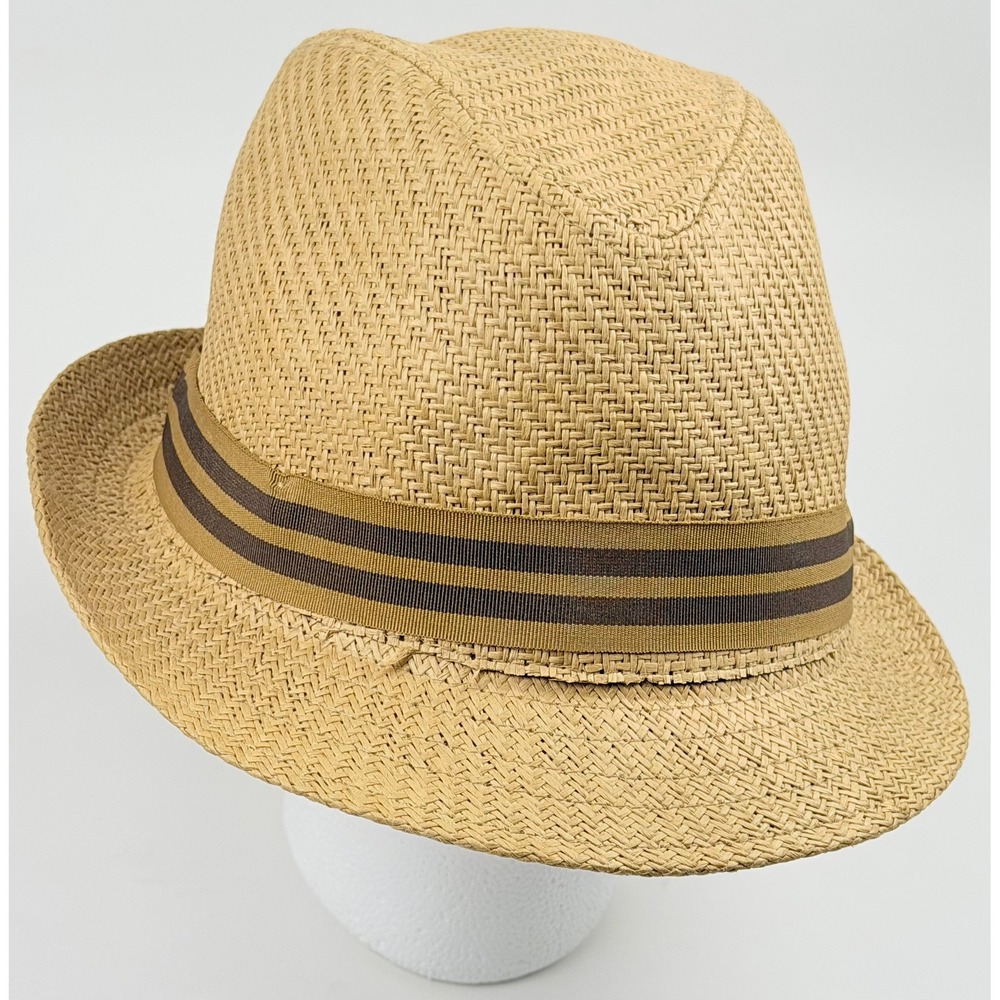 Goorin Bros Paper Woven Straw Fedora Hat Tan Brown Striped Band Mens S/M